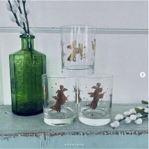 Vintage Culver MCM Lowball Glass Barware Gold Angel Cherub Snowflake SET 3